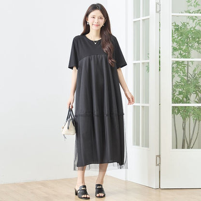 大人可愛い チュール重ね コクーン ワンピース 春夏 ロング 半袖 ゆったり LL