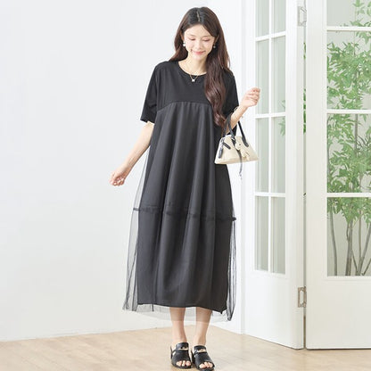 大人可愛い チュール重ね コクーン ワンピース 春夏 ロング 半袖 ゆったり LL