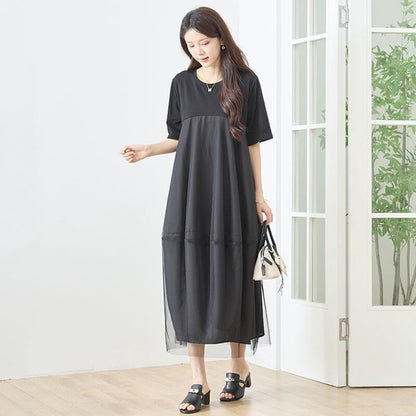 大人可愛い チュール重ね コクーン ワンピース 春夏 ロング 半袖 ゆったり LL