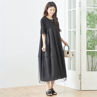 大人可愛い チュール重ね コクーン ワンピース 春夏 ロング 半袖 ゆったり LL