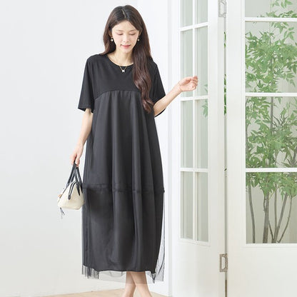 大人可愛い チュール重ね コクーン ワンピース 春夏 ロング 半袖 ゆったり LL