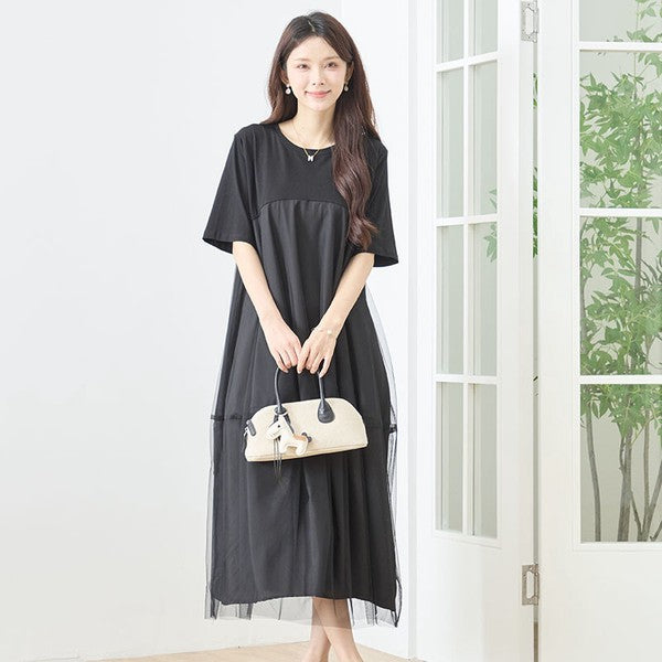 大人可愛い チュール重ね コクーン ワンピース 春夏 ロング 半袖 ゆったり LL
