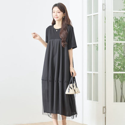大人可愛い チュール重ね コクーン ワンピース 春夏 ロング 半袖 ゆったり LL
