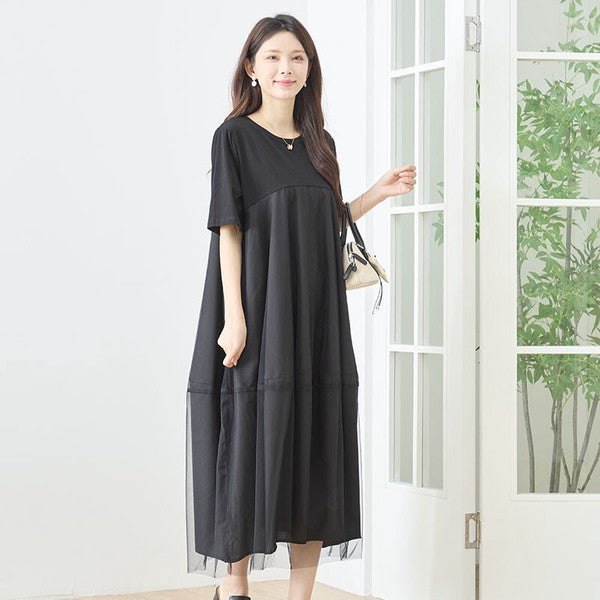 大人可愛い チュール重ね コクーン ワンピース 春夏 ロング 半袖 ゆったり LL