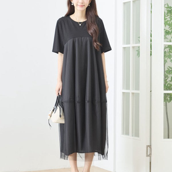 大人可愛い チュール重ね コクーン ワンピース 春夏 ロング 半袖 ゆったり LL