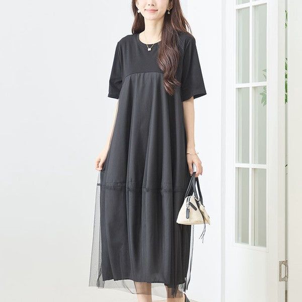 大人可愛い チュール重ね コクーン ワンピース 春夏 ロング 半袖 ゆったり LL