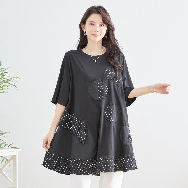 アシンメトリー ドット パッチワーク 異素材 チュニック ゆったり 体型カバー L-LL