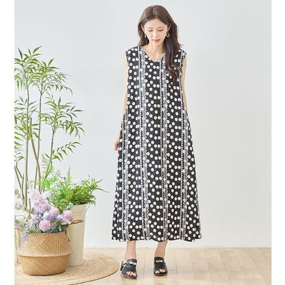 ドット レース パネルプリント Vネック ノースリーブ マキシ ワンピース ゆったり M-L