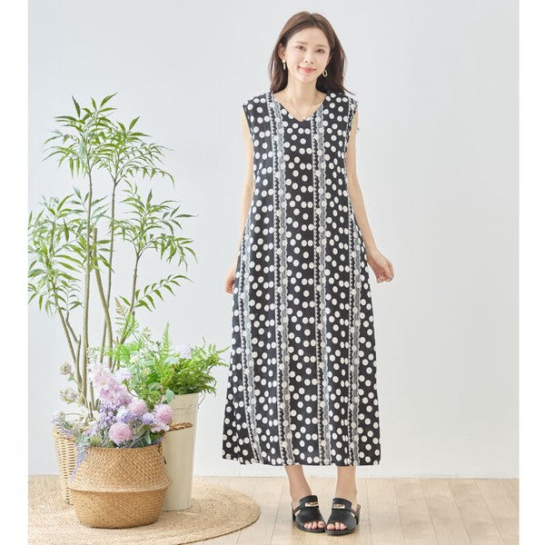 ドット レース パネルプリント Vネック ノースリーブ マキシ ワンピース ゆったり M-L