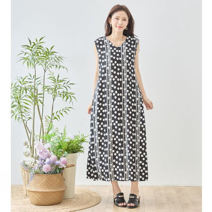 ドット レース パネルプリント Vネック ノースリーブ マキシ ワンピース ゆったり M-L