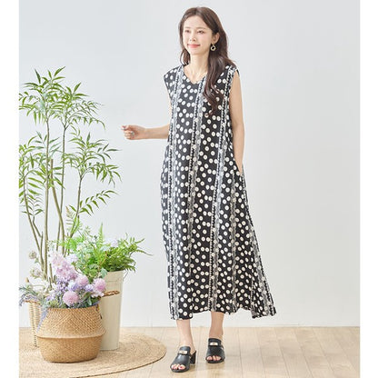 ドット レース パネルプリント Vネック ノースリーブ マキシ ワンピース ゆったり M-L