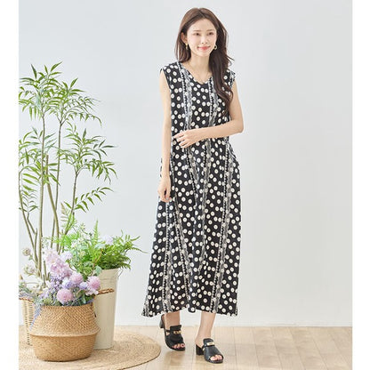 ドット レース パネルプリント Vネック ノースリーブ マキシ ワンピース ゆったり M-L