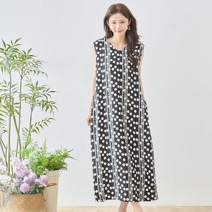 ドット レース パネルプリント Vネック ノースリーブ マキシ ワンピース ゆったり M-L