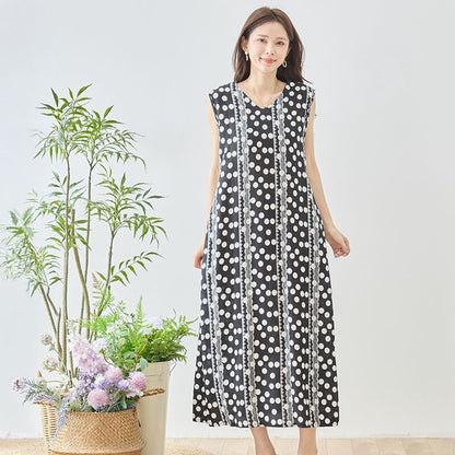 ドット レース パネルプリント Vネック ノースリーブ マキシ ワンピース ゆったり M-L