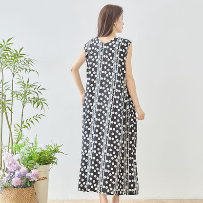ドット レース パネルプリント Vネック ノースリーブ マキシ ワンピース ゆったり M-L
