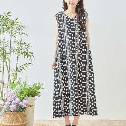ドット レース パネルプリント Vネック ノースリーブ マキシ ワンピース ゆったり M-L
