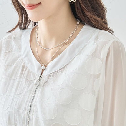 ドット柄 ジャカード シアー ブルゾン 長袖 異素材 切替 ゆったり 体型カバー M-L