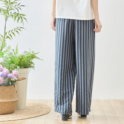ストライプ柄 ワイドシルエット パンツ ウエストゴム ゆったり 体型カバー L-LL