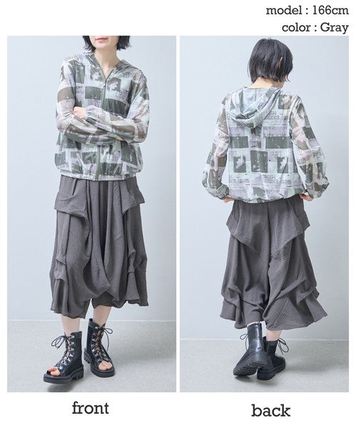 ワイドパンツ フリル ウエストゴム リラックス ゆったり 体型カバー 秋 冬 F