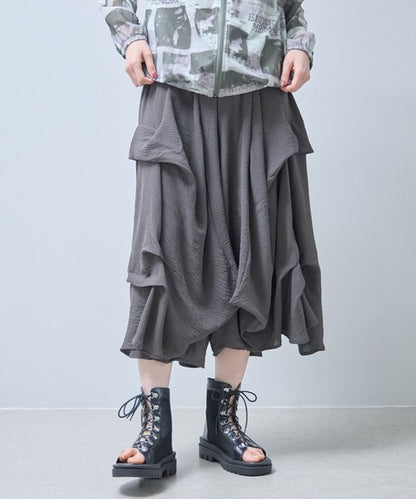 ワイドパンツ フリル ウエストゴム リラックス ゆったり 体型カバー 秋 冬 F