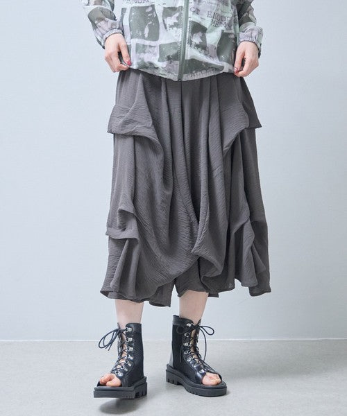 ワイドパンツ フリル ウエストゴム リラックス ゆったり 体型カバー 秋 冬 F