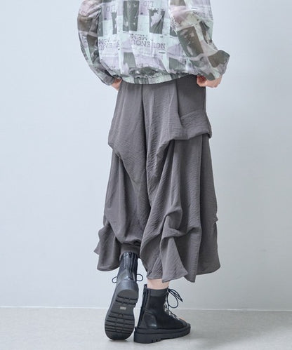 ワイドパンツ フリル ウエストゴム リラックス ゆったり 体型カバー 秋 冬 F