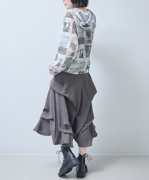 ワイドパンツ フリル ウエストゴム リラックス ゆったり 体型カバー 秋 冬 F