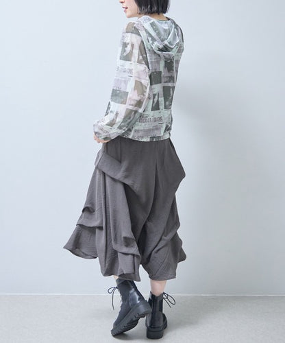 ワイドパンツ フリル ウエストゴム リラックス ゆったり 体型カバー 秋 冬 F