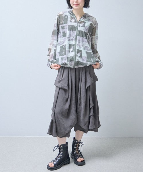 ワイドパンツ フリル ウエストゴム リラックス ゆったり 体型カバー 秋 冬 F