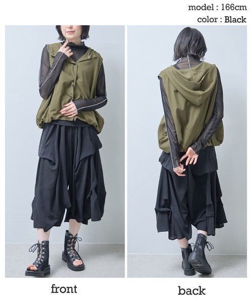 ワイドパンツ フリル ウエストゴム リラックス ゆったり 体型カバー 秋 冬 F