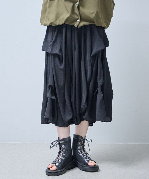 ワイドパンツ フリル ウエストゴム リラックス ゆったり 体型カバー 秋 冬 F