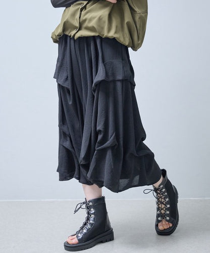 ワイドパンツ フリル ウエストゴム リラックス ゆったり 体型カバー 秋 冬 F