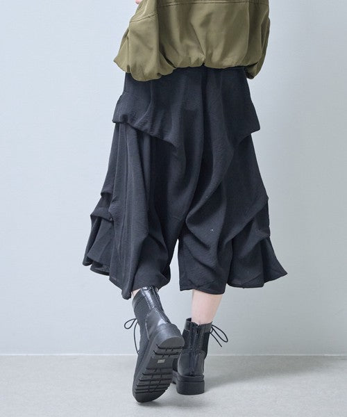 ワイドパンツ フリル ウエストゴム リラックス ゆったり 体型カバー 秋 冬 F