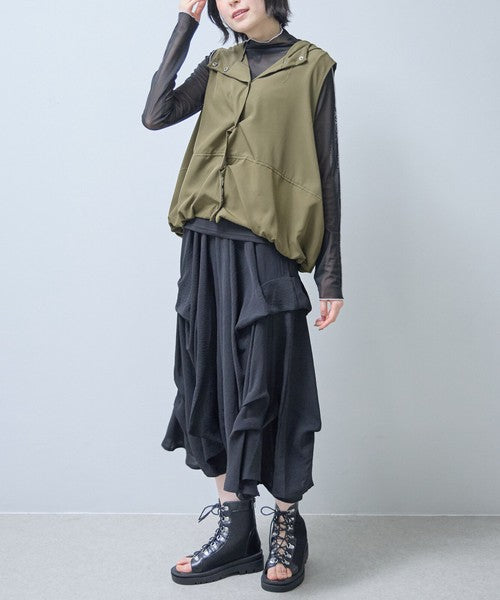ワイドパンツ フリル ウエストゴム リラックス ゆったり 体型カバー 秋 冬 F