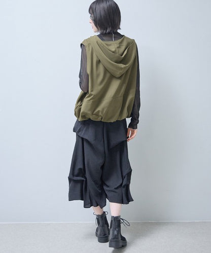 ワイドパンツ フリル ウエストゴム リラックス ゆったり 体型カバー 秋 冬 F