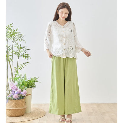 カットワーク 刺繍 Vネック 七分袖 ブラウス 綿100 ゆったり 涼しい 冷房対策 夏 M-L