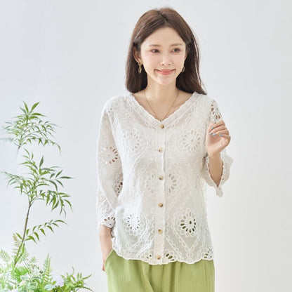 カットワーク 刺繍 Vネック 七分袖 ブラウス 綿100 ゆったり 涼しい 冷房対策 夏 M-L