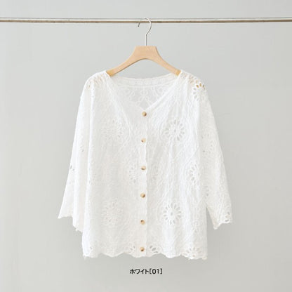 カットワーク 刺繍 Vネック 七分袖 ブラウス 綿100 ゆったり 涼しい 冷房対策 夏 M-L