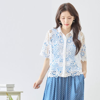 配色アクセント ケミカルレース 半袖 シャツ ゆったり 体型カバー 涼しい 夏 M-L