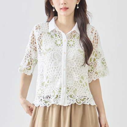 配色アクセント ケミカルレース 半袖 シャツ ゆったり 体型カバー 涼しい 夏 M-L