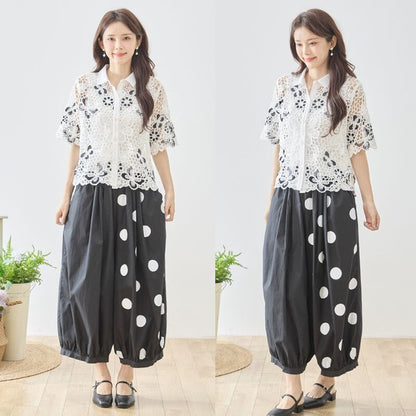 配色アクセント ケミカルレース 半袖 シャツ ゆったり 体型カバー 涼しい 夏 M-L