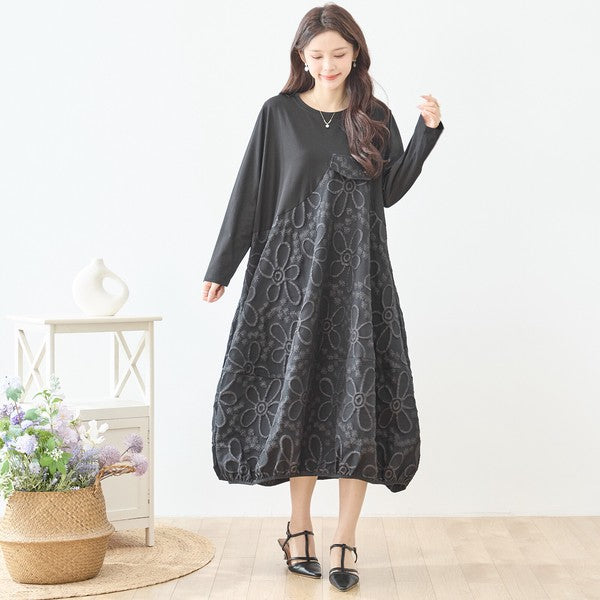 ワンピース フェイク胸ポケット ジャガード 切替 モード ゆったり 体型カバー 秋 M L