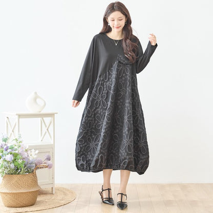 ワンピース フェイク胸ポケット ジャガード 切替 モード ゆったり 体型カバー 秋 M L
