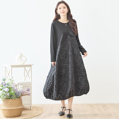 ワンピース フェイク胸ポケット ジャガード 切替 モード ゆったり 体型カバー 秋 M L