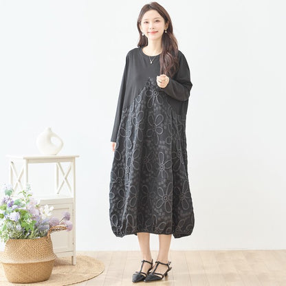 ワンピース フェイク胸ポケット ジャガード 切替 モード ゆったり 体型カバー 秋 M L