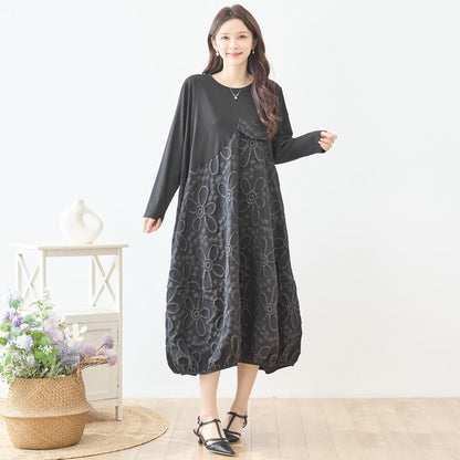 ワンピース フェイク胸ポケット ジャガード 切替 モード ゆったり 体型カバー 秋 M L