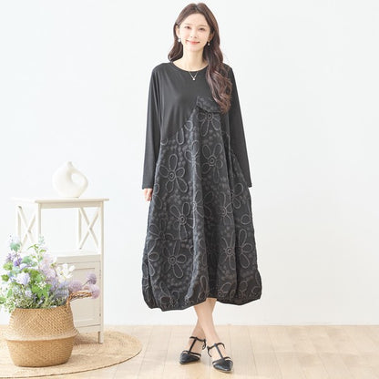 ワンピース フェイク胸ポケット ジャガード 切替 モード ゆったり 体型カバー 秋 M L