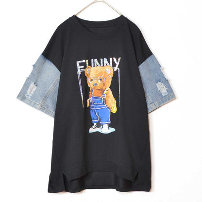 ドッキング Tシャツ デニム ビジュー くま 半袖 ゆったり 夏 秋 フリー