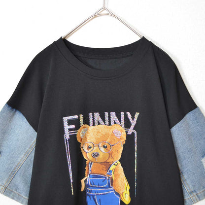 ドッキング Tシャツ デニム ビジュー くま 半袖 ゆったり 夏 秋 フリー