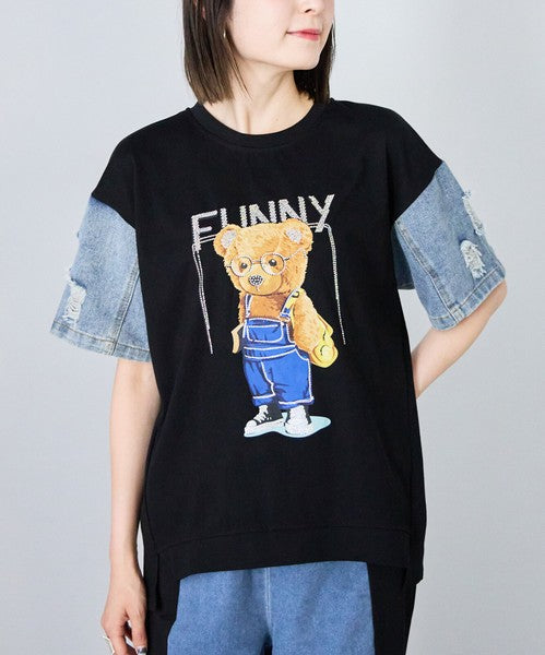 ドッキング Tシャツ デニム ビジュー くま 半袖 ゆったり 夏 秋 フリー